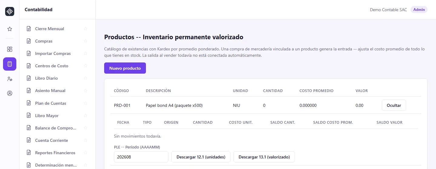 Panel de factsimil mostrando el Kardex de un producto con movimientos reales