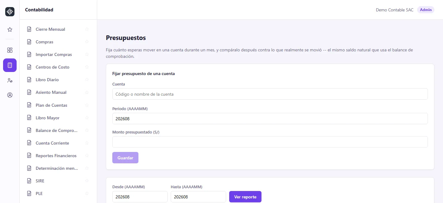 Panel de factsimil mostrando la pantalla de presupuestos