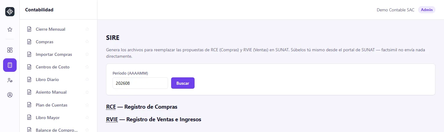 Panel de factsimil mostrando la pantalla de SIRE para RCE y RVIE