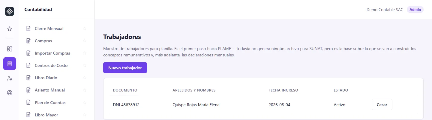 Panel de factsimil mostrando la lista de trabajadores para planilla